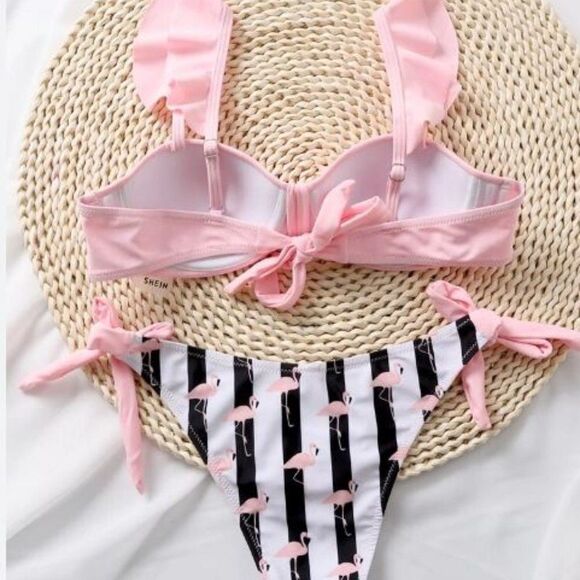 Mommy and me Striped & Flamingo Print Tie Side Bikini Swimsuits - Picture 2 of 16
